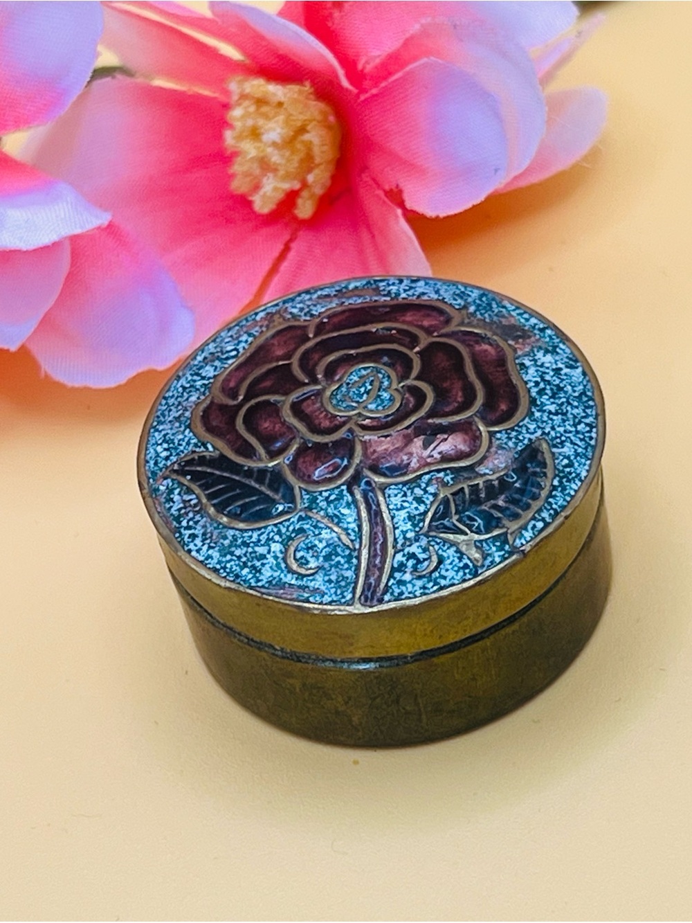 Decorative Floral Enamel Brass Trinket Box - Pink Rose
